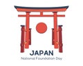 National Founding Day of Japan. Torii and sun. Congratulations on the Japanese holiday. Gate, entrance to sacred temple.