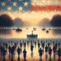 American flag on the background of a silhouette of a crowd of people on the lake. National Freedom Day.