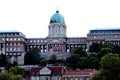 the National Gallery in Budapest on the castle hill. panoramic view. large poster advertising the Gulacsy Lajos exhibition