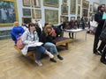 National Gallery, London. People redrawing and watching paintings.