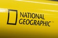 national geographic-the logo of the American company on the telescope. products for tourism and travel. Krasnoyarsk Royalty Free Stock Photo