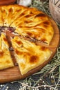 National Georgian meat pie. oven-baked dough with cheese, meat, potatoes and aromatic spices. Royalty Free Stock Photo