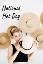 National Hat Day 15 January greeting card banner with hipster woman and many straw hats. Stylish young woman and text