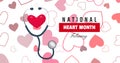 National heart month february text with stethoscope and heart shape over full frame background Royalty Free Stock Photo