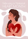 National Heart Month poster. Cute girl holds a heart in her hand.