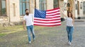 National holiday. Hipster and girl celebrate 4th of July. American patriotic people. American couple USA flag. Patriotic Royalty Free Stock Photo
