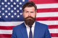 National holidays. Happy celebration of victory. Bearded hipster man being patriotic for usa. TV host. Proud of