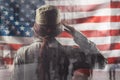 National holidays in the United States. A female soldier saluting, against the background of the American flag. Rear view. Double Royalty Free Stock Photo