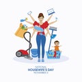 National Housewife`s Day poster with cleaning woman vector