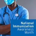 National immunization awareness month text on blue over african american male doctor