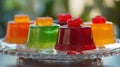 National Jell-O Week Vibrant fruit-flavored jellies on glass plate