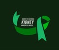 National Kidney Month. Vector illustration with green ribbon on dark green