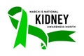 National Kidney Month. Vector illustration with green ribbon on white