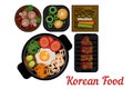 National Korean cuisine. Plates with delicious Asian food. Bibimbap with vegetables, pigodi, grilled pork and