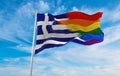 national lgbt flag of Greece flag waving in the wind at cloudy sky. Freedom and love concept. Pride month. activism, community and