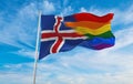 national lgbt flag of Iceland flag waving in the wind at cloudy sky. Freedom and love concept. Pride month. activism, community