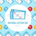 National Lottery Day greeting card with cute cartoon style and lottery numbered balls seamless pattern background