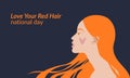 National Love Your Red Hair Day banner. Red-haired beautiful girl with a heart on her cheek.