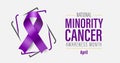 National Minority Cancer Awareness Month with purple ribbon. Web banner template. Observed in April