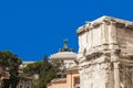 Rome, Italy - September 12, 2017: National Monument to Victor Emmanuel II and Arch of Emperor Septimius Severus view from Roman fo Royalty Free Stock Photo