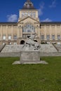 National Museum of Szczecin located on Chrobry Embankment and Sculpture Hercules fighting a centaur, Szczecin, Poland