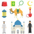 National Muslim cultural symbols. Koran, rosary, lantern, camel, mosque, hookah, fez, Arabian people in traditional Royalty Free Stock Photo