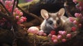 National Opossum Day, Brushtail Possum Or Trichosurus Vulpecula Sits In Nest On Blooming