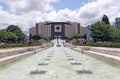 National palace of culture  NDK  with fountains in front , with blue sky and clouds, in Sofia, Bulgaria on june 22, 2020 Royalty Free Stock Photo