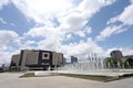 National palace of culture  NDK  with fountains in front , with blue sky and clouds, in Sofia, Bulgaria on june 22, 2020 Royalty Free Stock Photo