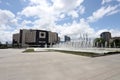 National palace of culture  NDK  with fountains in front , with blue sky and clouds, in Sofia, Bulgaria on june 22, 2020 Royalty Free Stock Photo