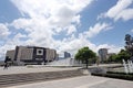 National palace of culture  NDK  with fountains in front , with blue sky and clouds, in Sofia, Bulgaria on june 22, 2020 Royalty Free Stock Photo