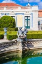 The National Palace of Queluz - Lisbon. Neptunes Fountain and the Ceremonial Facade of the Corps de Logis designed by Royalty Free Stock Photo