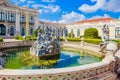 The National Palace of Queluz - Lisbon - Portugal. Neptunes Fountain and the Ceremonial Facade of the Corps de Logis designed by Royalty Free Stock Photo