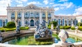 The National Palace of Queluz - Lisbon. Neptunes Fountain and the Ceremonial Facade of the Corps de Logis designed by Royalty Free Stock Photo