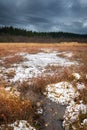 National Park High Fens with a frozen pond with ice and snow in the moorland. Royalty Free Stock Photo