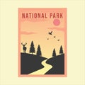 national park minimalist vintage poster vector illustration template graphic design. deer pines and hill banner simple retro Royalty Free Stock Photo