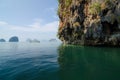 National Park in Phang Nga Bay with tourist boat, Thailand Royalty Free Stock Photo