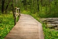 National Park Ropotamo Bulgaria. Wooden bridge leads to the Ropotamo river crossing green spring forest. Royalty Free Stock Photo