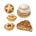 National pastries and sweets. Buns, semla, apple pie, mince pie. Vector drawing of food.