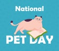 National Pet Day in flat, cartoon style. Holiday design with cute cat in glasses with book for post, banner, poster Royalty Free Stock Photo