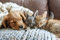 National pet day - sweets and pieceful puppy, kitten and rabbit, cozy sofa Royalty Free Stock Photo