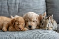 National pet day - sweets and pieceful puppy, kitten and rabbit, cozy sofa Royalty Free Stock Photo