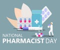 National Pharmacist Day is celebrated in January 12. Doctor of pharmacy is working in drugstore and standing near medicine pills,