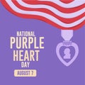 The national Purple heart day on August 7 and the American waving flag in the backdrop. Poster design vector illustration. Royalty Free Stock Photo