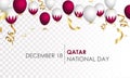 National Qatar day, December 18, Qatar flag, flags, balloons and ribbons, Realistic vector for Qatar day.