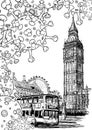 National quarantine background. London Iconic view with Big Ben and doubledecker bus with coronavirus particles.