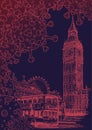 National quarantine background. London Iconic view with Big Ben and doubledecker bus with coronavirus particles. Royalty Free Stock Photo