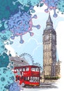 National quarantine background. London Iconic view with Big Ben and doubledecker bus with coronavirus particles.