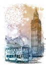 National quarantine background. London Iconic view with Big Ben and doubledecker bus with coronavirus particles. Royalty Free Stock Photo