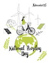 National Recycling day concept.Girl travelling on bicycle around green Earth.Safe our planet,nature and enviroment protection gree Royalty Free Stock Photo